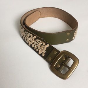 Lucky Brand Embroidered Olive Green Leather Belt